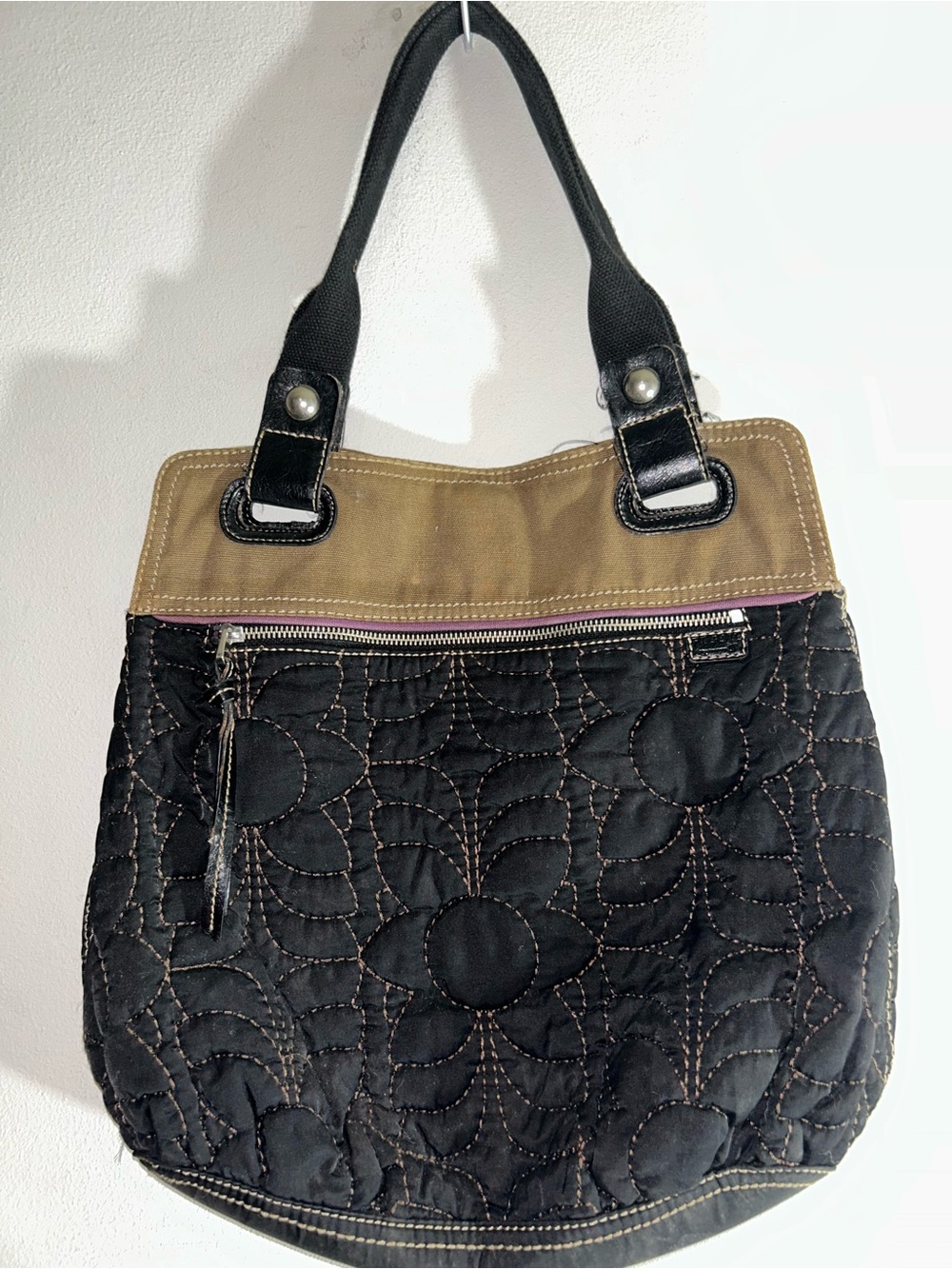 Fossil Key Per Purse Quilted Black Nylon Leather Tote Shoulder Bag Large
